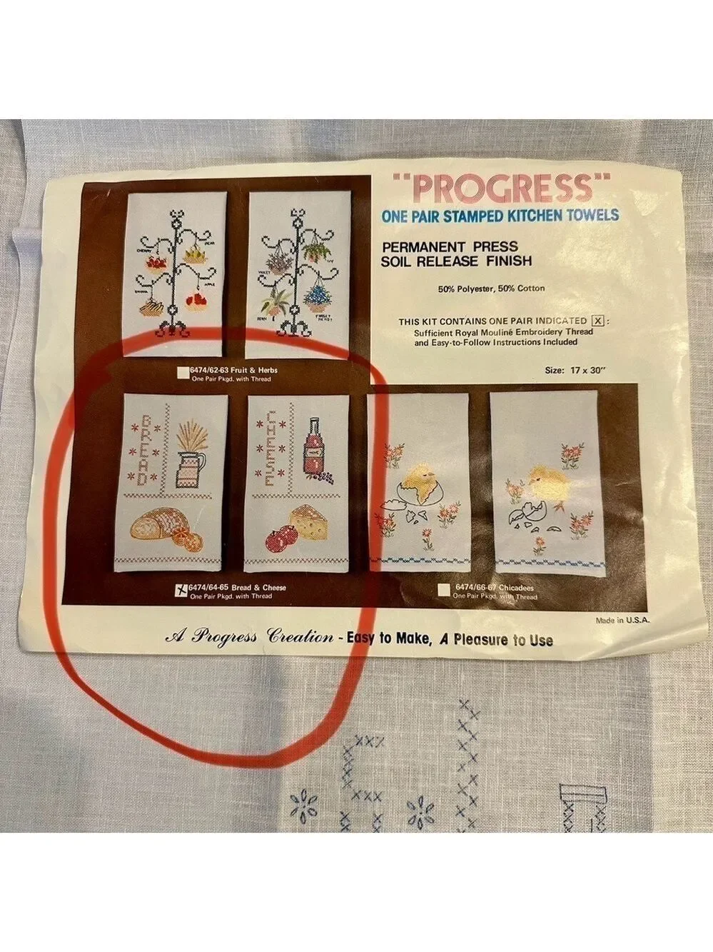 Vintage, Progress, one pair Stamped Kitchen Towels, 17x30”, + Embroidery Thread